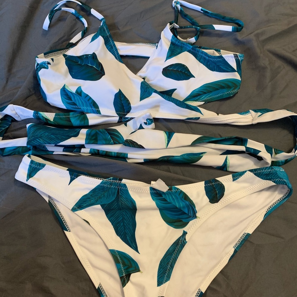 white leaf wrap around bikini